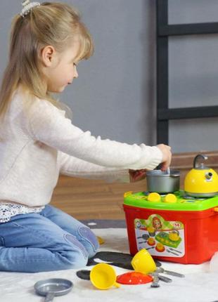 Дитячий кухонний набір 10 технок 5934 у кейсі плита каструля сковорода сервіз дитяча іграшка пластикова