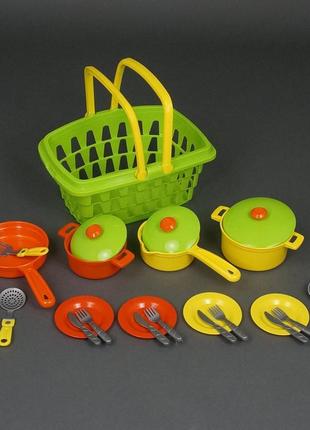 Посуд у кошику технок 4456 дитячий набір каструлі тарілки приладу дитяча іграшка для дітей кухня