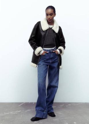 Кожаная женская дубленка zara- xs,s. удлиненная черная косуха, куртка авиатор кожанка пуховик