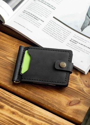 Черный зажим для денег и карточек на кнопке chill black из натуральной кожи. держатель для купюр кожаный