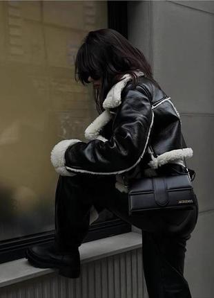 Черная кожаная дубленка  куртка авиатор укороченая,косуха пуффер короткий пуховик4 фото