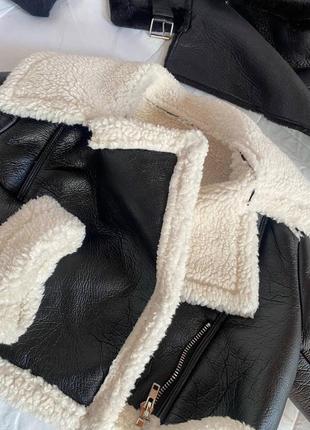Черная кожаная дубленка  куртка авиатор укороченая,косуха пуффер короткий пуховик6 фото