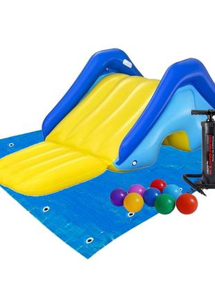 Надувний ігровий центр - водна гірка bestway 52453-2, 247 х 124 х 100 см, з кульками 10 шт, насосом, підстилкою топ