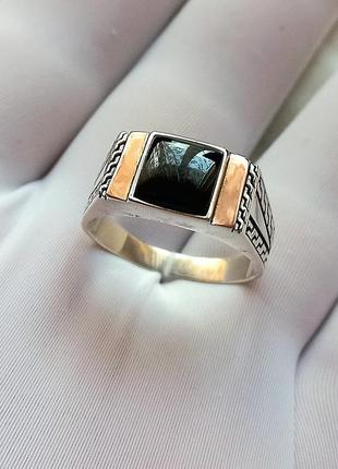 Греческий перстень серебряный с золотом камень оникс1 фото