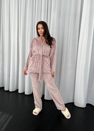 Теплий плюшевий домашній костюм махра халат кімоно кардиган з поясом на запах прямі вільні штани чорний морська хвиля графіт мокко піжама комплект