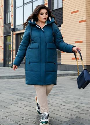 Зимове стильне пальто гамбург з двосторонньою блискавкою батал 50-60 розміри різні кольори бірюзове