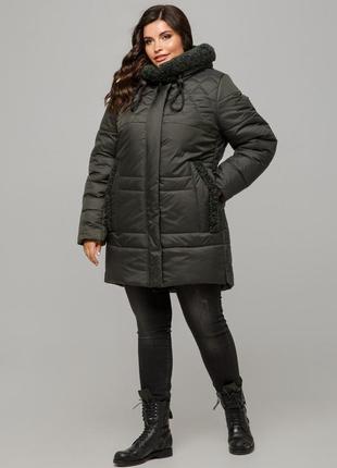 Красивая зимняя куртка барселона стеганая с мехом под овчину большого размер 50-60 размеры разные цвета