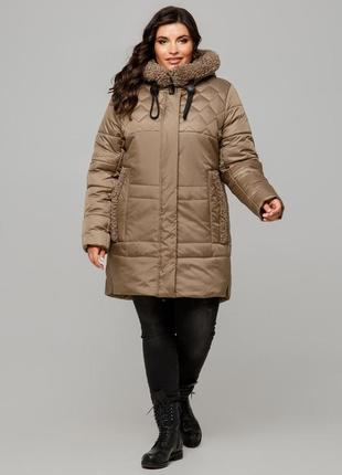 Гарна зимова куртка барселона стьобана з хутром під овчину великого розмір 50-60 розміри різні кольори капучін5 фото