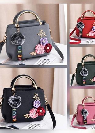 Женская мини сумочка с цветами и меховой брелок. маленькая сумка с цветами