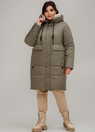 Зимнее стильное пальто гамбург с двусторонней молнией батал 50-60 размеры разные цвета оливковое4 фото