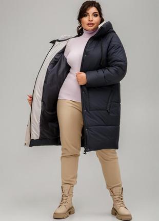 Зимнее стильное пальто гамбург с двусторонней молнией батал 50-60 размеры разные цвета темно-синее2 фото