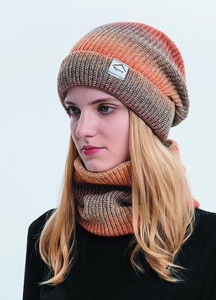 Жіночий теплий зимовий комплект шапка та баф снуд в рубчик на флісі1 фото