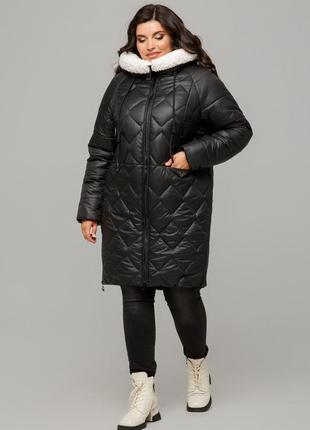 Модная женская зимняя куртка тоскана стеганая с мехом под овчину батал 50-60 размеры разные цвета черная