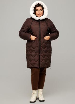 Модна жіноча зимова куртка тоскана стьобана з хутром під овчину батал 50-60 розміри різні кольори шоколад2 фото