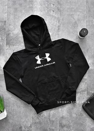 Мужская толстовка under armour (андер армор)черная (большая эмблема) кенгуру худи
