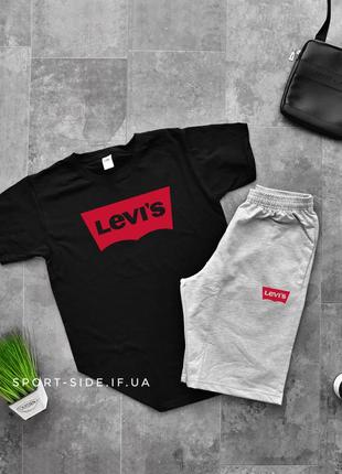 Летний комплект шорты и футболка levis (черная футболка , светло серые шорты) большой логотип1 фото
