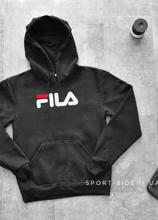 Тепла чоловіча толстовка fila (філа) зима чорна (велика емблема) кенгуру худі тепла зимова