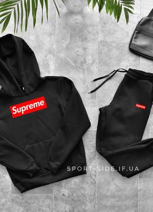 Теплый мужской спортивный костюм supreme (суприм) черный , толстовка большая эмблема штаны  худи кенгуру