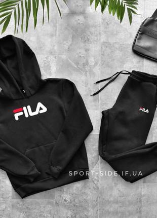 Теплий чоловічий спортивний костюм fila (філа) чорний, толстовка велика емблема, штани худі кенгуру1 фото