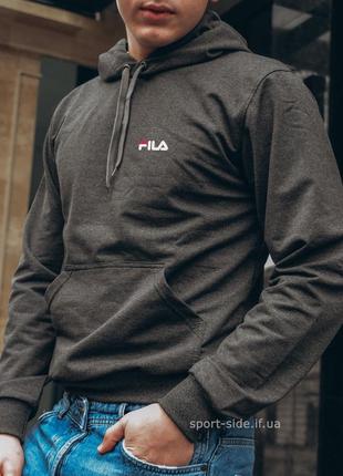 Чоловіча толстовка fila (філа) темно-сіра (маленька емблема) кенгуру худі1 фото