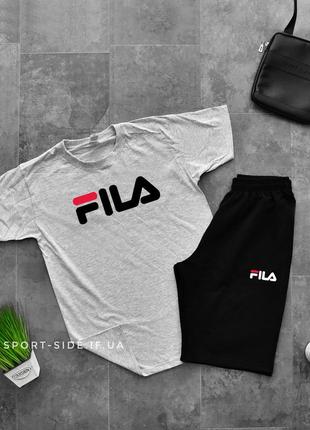 Летний комплект шорты и футболка fila (серая футболка , черные шорты) большой логотип