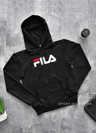 Чоловіча толстовка fila (філа) чорна (велика емблема) кенгуру худі