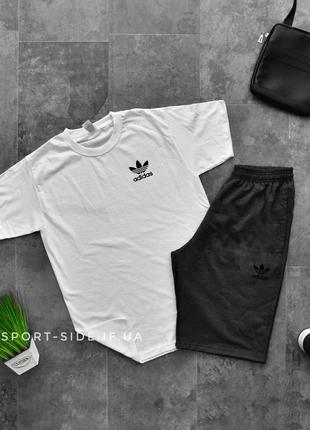 Летний комплект шорты и футболка adidas (адидас) (белая футболка , темно серые шорты с черным лого)