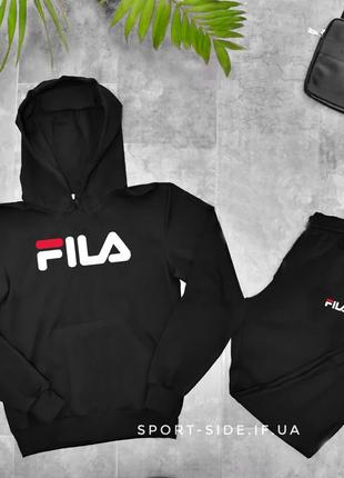 Мужской спортивный костюм fila (фила) черный , толстовка большая эмблема, штаны худи кенгуру