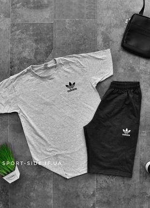 Літній комплект шорти і футболка adidas (адідас) (сіра футболка , темно сірі шорти з білим лого)