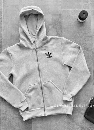 Тепла чоловіча толстовка adidas (адідас) зима сіра з замком, олімпійка (мастерка) тепла зимова