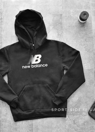 Теплая мужская толстовка new balance (нью баланс) зима черная (большая эмблема) кенгуру худи тепла зимова