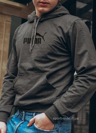 Чоловіча толстовка puma (пума) темно-сіра (велиша емблема) кенгуру худі