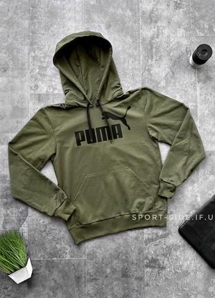 Мужская толстовка puma (пума) хаки (большая эмблема) кенгуру худи