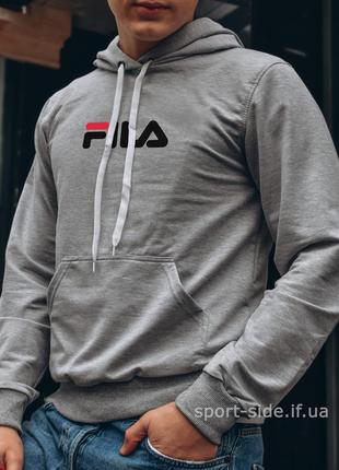 Мужская толстовка fila (фила) светло серая (большая эмблема) кенгуру худи