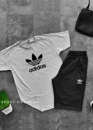 Літній комплект шорти і футболка adidas (адідас) (сіра футболка ,темно сірі шорти з білим лого) великий лого