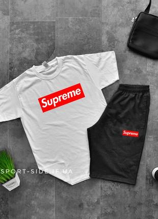 Літній комплект шорти і футболка supreme (біла футболка , темно сірі шорти) (супрім)