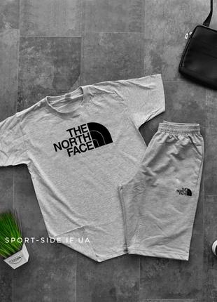 Летний комплект шорты и футболка the north face (серая футболка , светло серые шорты) большой лого