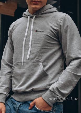 Чоловіча толстовка champion (чемпіон) світло-сіра (маленька емблема) кенгуру худі
