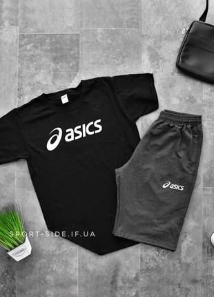 Летний комплект шорты и футболка asics (черная футболка , темно серые шорты) большой логотип