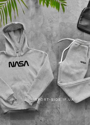 Теплый мужской спортивный костюм nasa (наса) светло серый , толстовка большая эмблема штаны худи кенгуру