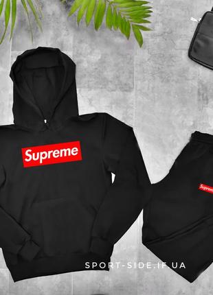 Чоловічий спортивний костюм supreme (супрім) чорний , толстовка велика емблема штани худі кенгуру