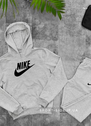 Мужской спортивный костюм nike (найк) светло серый, толстовка большая эмблема, штаны худи кенгуру