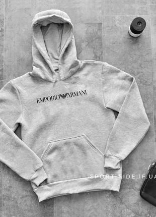 Теплая мужская толстовка emporio armani (армани) зима светло серая (большая эмблема) кенгуру худи тепла зимова