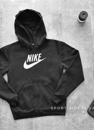 Тепла чоловіча толстовка nike (найк) чорна (велика емблема) зима кенгуру худі тепла зимова