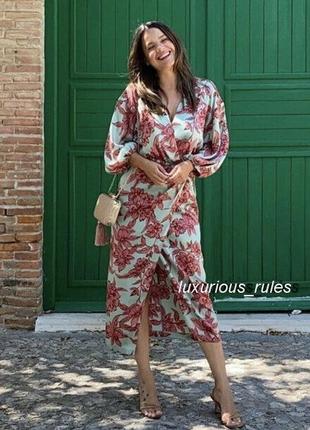 Zara атласный миди с запахом и цветочным принтом, длинными рукавами2 фото