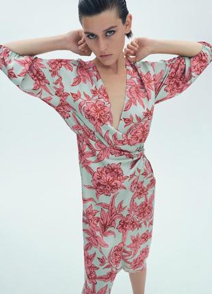 Zara атласный миди с запахом и цветочным принтом, длинными рукавами5 фото