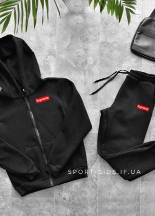 Теплий чоловічий спортивний костюм supreme (супрім) чорний, толстовка із замком олімпійка (мастерка)1 фото