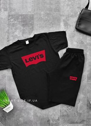 Летний комплект шорты и футболка levis (черная футболка , черные шорты) большой логотип