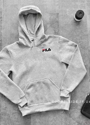 Теплая мужская толстовка fila (фила) светло серая (маленькая эмблема) зима кенгуру худи тепла зимова