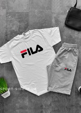 Літній комплект шорти і футболка fila (біла футболка , світло сірі шорти) великий логотип